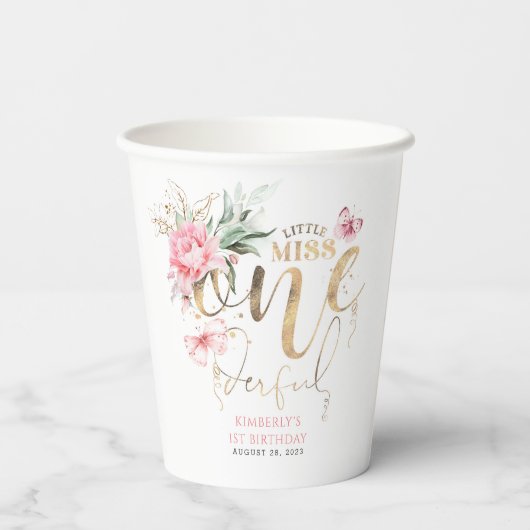 Gobelets En Papier Little Miss Onederful Cute Floral 1er anniversaire (Verso)