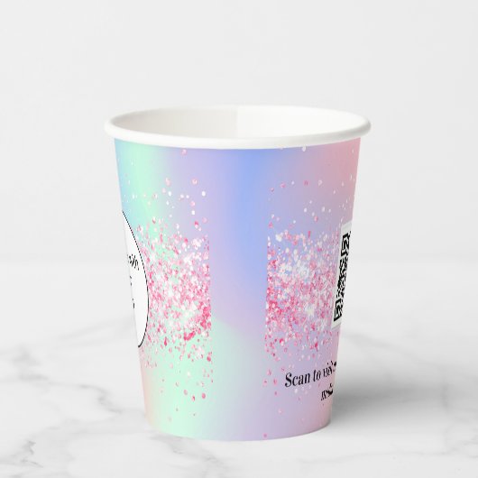 Gobelets En Papier Logo d'entreprise holographique rose qr code (Gauche)