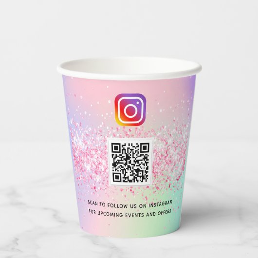 Gobelets En Papier Logo d'entreprise holographique rose qr code insta (Verso)