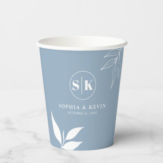 Gobelets En Papier Logo des initiales Feuilles Dusty Blue Minimalist (Verso)