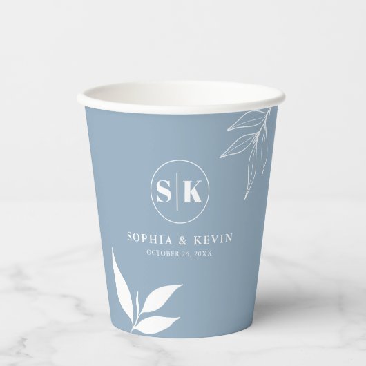 Gobelets En Papier Logo des initiales Feuilles Dusty Blue Minimalist (Recto)