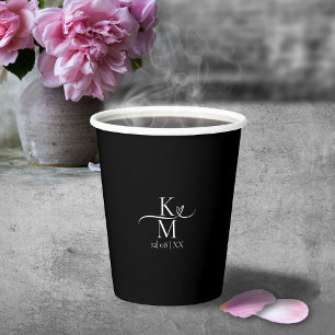 Gobelets En Papier Love Calligraphy Initiales Coeur Blanc B&W ID940