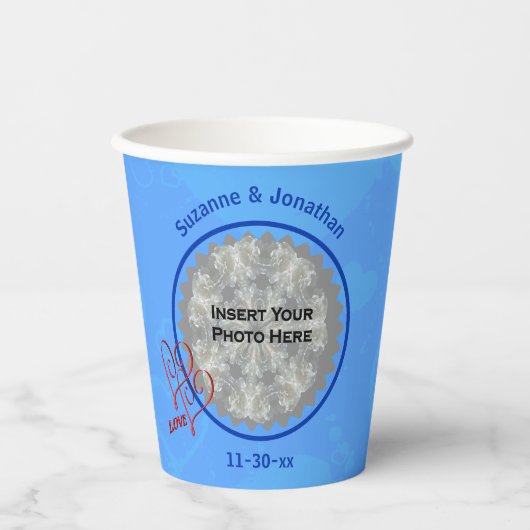 Gobelets En Papier Love Hearts Blue Mariage personnalisé Photo (Recto)