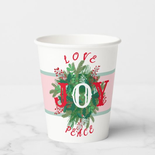 Gobelets En Papier Love JOY Peace Holiday élégante couronne verte rou (Verso)