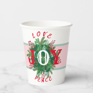 Gobelets En Papier Love JOY Peace Holiday élégante couronne verte rou