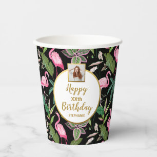 Gobelets En Papier Luau floral tropical, Flamants roses, photo d'anni