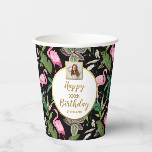 Gobelets En Papier Luau floral tropical, Flamants roses, photo d'anni (Recto)