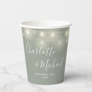 Gobelets En Papier Lumières Guirlande Mariage Vert Sauge Écriture Sig