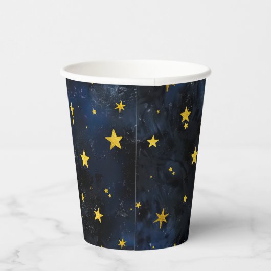 Gobelets En Papier Lune d'or et étoiles sur marbre bleu foncé (Droite)