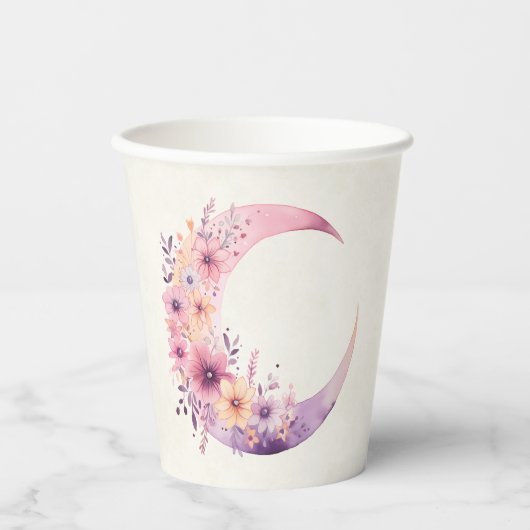 Gobelets En Papier Lune rose Croissant avec de jolies fleurs (Recto)