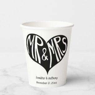 Gobelets En Papier M. et Mme Mariage en forme de coeur noir et blanc