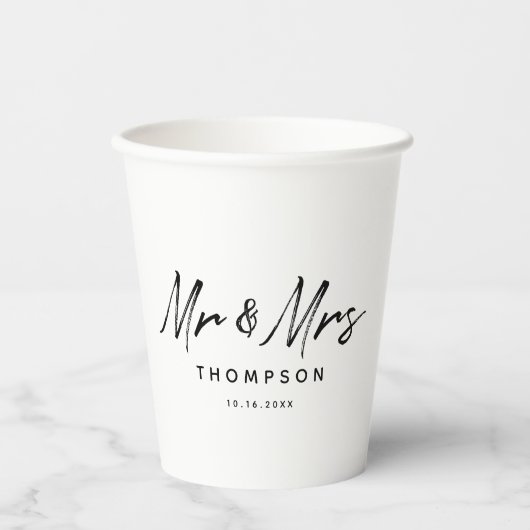 Gobelets En Papier M. & Mme Modern Black White Script Mariage (Recto)