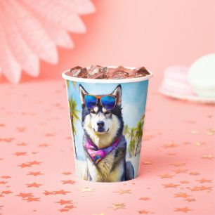 Gobelets En Papier Malamute d'Alaska sur la plage, cadeau d'été