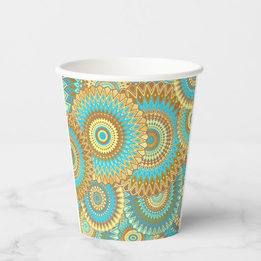 Gobelets En Papier Mandala bleu brun doré superposé (Recto)
