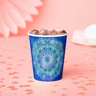 Gobelets En Papier Mandala White Outline bleu Aquarelle -