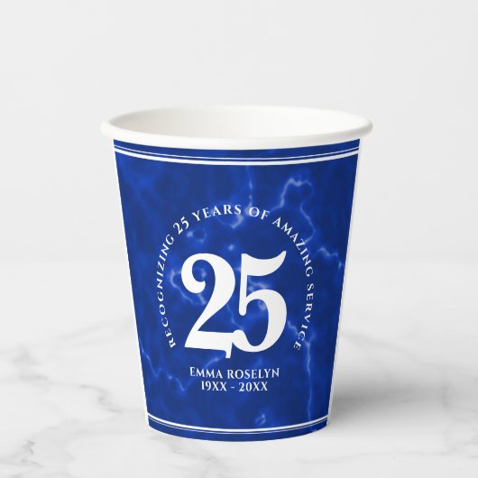 Gobelets En Papier Marbre Bleu Élégant 25 Anniversaire Du Travail (Recto)
