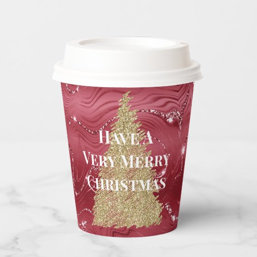 Gobelets En Papier Marbre rouge Parties scintillant or arbre de Noël (Recto)