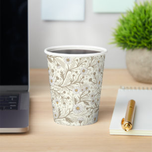 Gobelets En Papier Marguerites en blanc et marron sur fond blanc cass