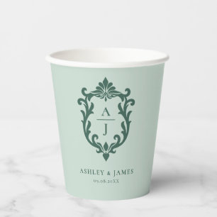 Gobelets En Papier Mariage au blason orné vintage vert