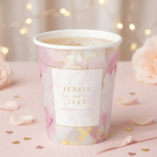Gobelets En Papier Mariage au marbre rose et or