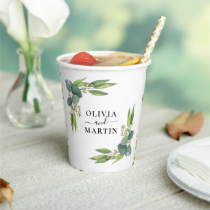 Gobelets En Papier Mariage avec verdure d'eucalyptus
