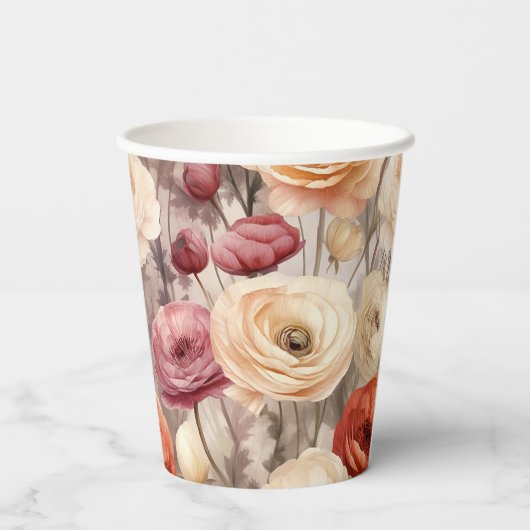 Gobelets En Papier Mariage Burgundy Cream Fleurs de printemps (Verso)