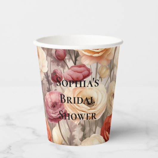 Gobelets En Papier Mariage Burgundy Cream Fleurs de printemps (Recto)