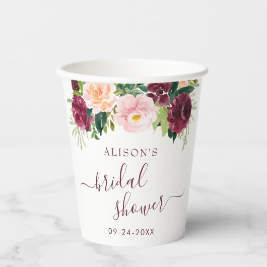 Gobelets En Papier Mariage Burgundy Et Blush Floral Shower (Recto)