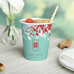 Gobelets En Papier Mariage chinois Turquoise Bambou Feuille Double Xi