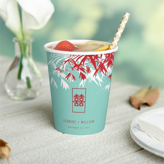 Gobelets En Papier Mariage chinois Turquoise Bambou Feuille Double Xi (Insitu)