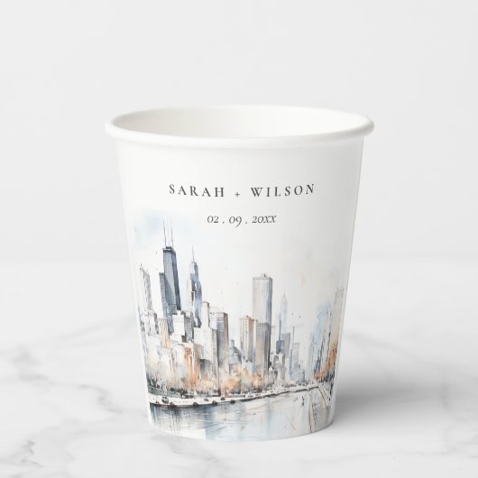 Gobelets En Papier Mariage d'aquarelle de Chicago, Illinois City Scap (Verso)