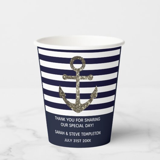 Gobelets En Papier Mariage Date Nautique Voile Ancre Merci (Recto)