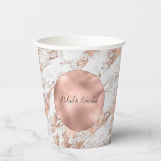 Gobelets En Papier Mariage de Marbre blanc rose Gold Glitz (Recto)