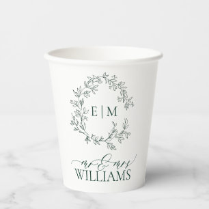 Gobelets En Papier Mariage de monogramme vert émeraude moderne