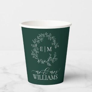 Gobelets En Papier Mariage de monogramme vert émeraude moderne