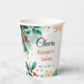 Gobelets En Papier Mariage de Noël à l'aquarelle avec du houx (Recto)