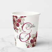 Gobelets En Papier Mariage de script moderne floral de Bourgogne (Recto)