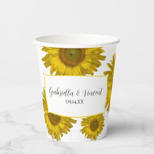 Gobelets En Papier Mariage de tournesols rayés jaunes (Recto)