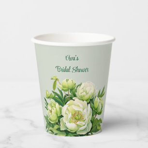 Gobelets En Papier Mariage Élégant de Pivoine Verte et Blanche pour u