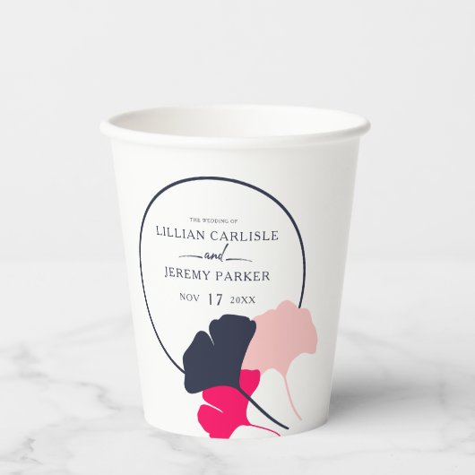 Gobelets En Papier Mariage Feuille Bold Modern Navy et Pink Ginkgo (Recto)