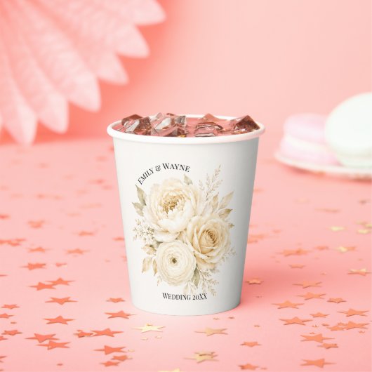 Gobelets En Papier Mariage Fleur Blanc d'Ivoire et Champagne Perle (Insitu)