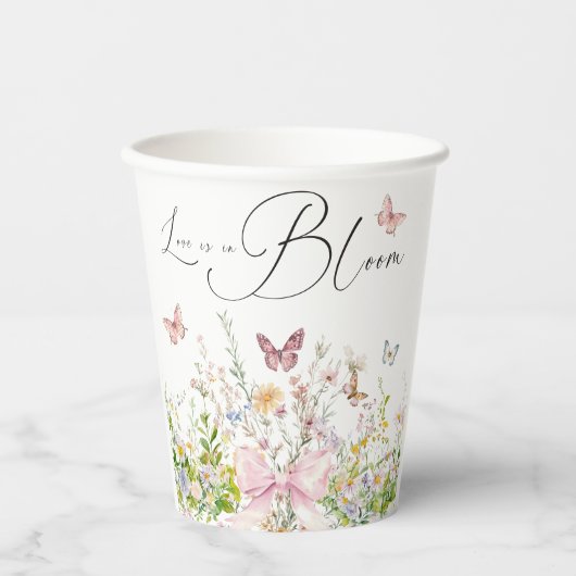 Gobelets En Papier Mariage Fleur Sauvage Rose Ruban Rose Réception de (Recto)