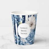 Gobelets En Papier Mariage Fleuris Rayures Bleu Marine (Recto)