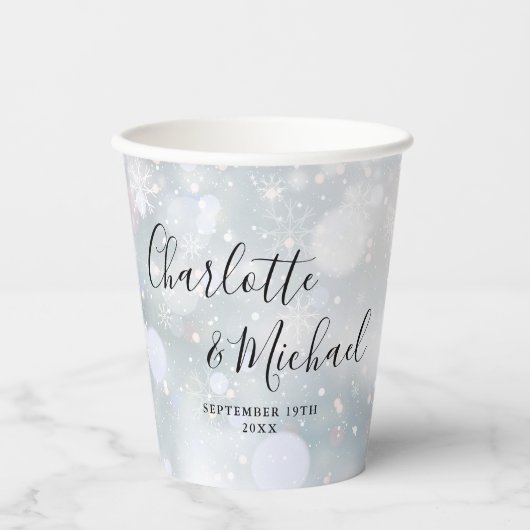 Gobelets En Papier Mariage Flocons de Neige de Script de Signature (Recto)