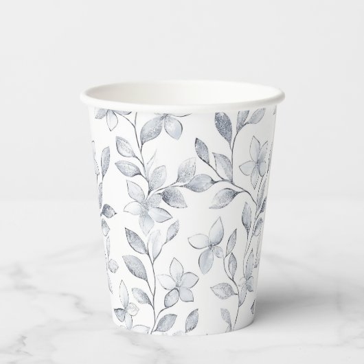 Gobelets En Papier Mariage floral blanc argenté (Verso)