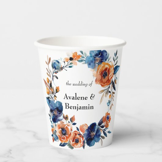 Gobelets En Papier Mariage floral bleu et orange (Recto)