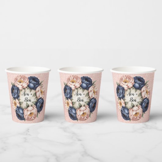 Gobelets En Papier Mariage floral bleu marine et Rose or (Multi)