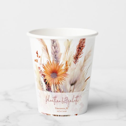 Gobelets En Papier Mariage floral Boho d'automne | Blanc (Recto)