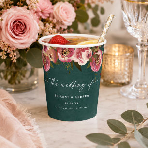 Gobelets En Papier Mariage Floral Chic Profond Vert de Teal