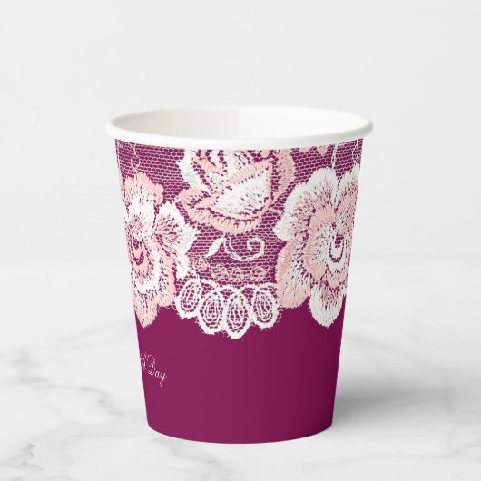 Gobelets En Papier Mariage floral dentelle rose romantique (Gauche)